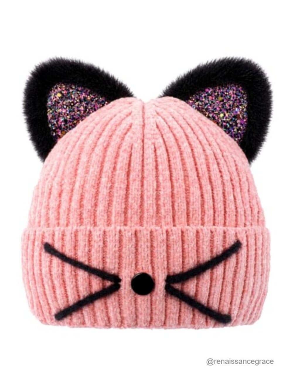 Girls Sequin Cat Ears Knitted Winter Beanie Hat Stretch Acrylic